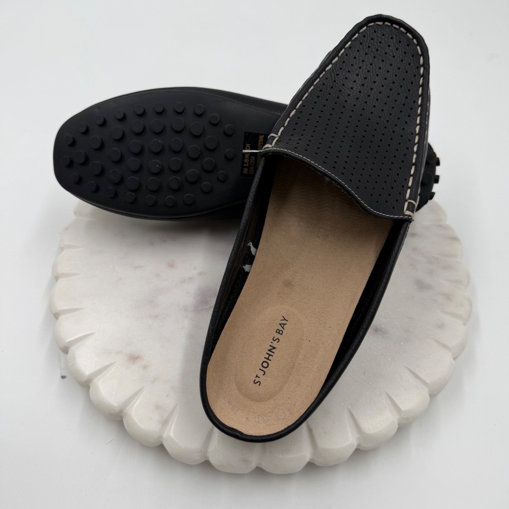 St Johns Bay SJB Hutch Black Perforated Driving Loafer Mules Womens 9M NWOT